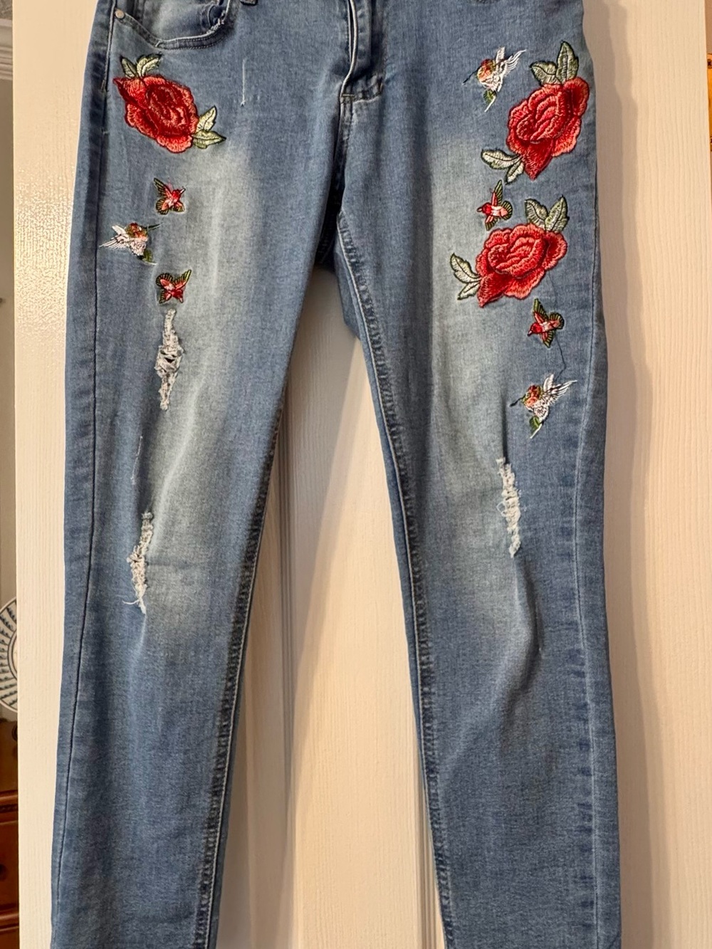 Eighty Eight Light Blue Skinny Jeans with Red Rose Embroidery